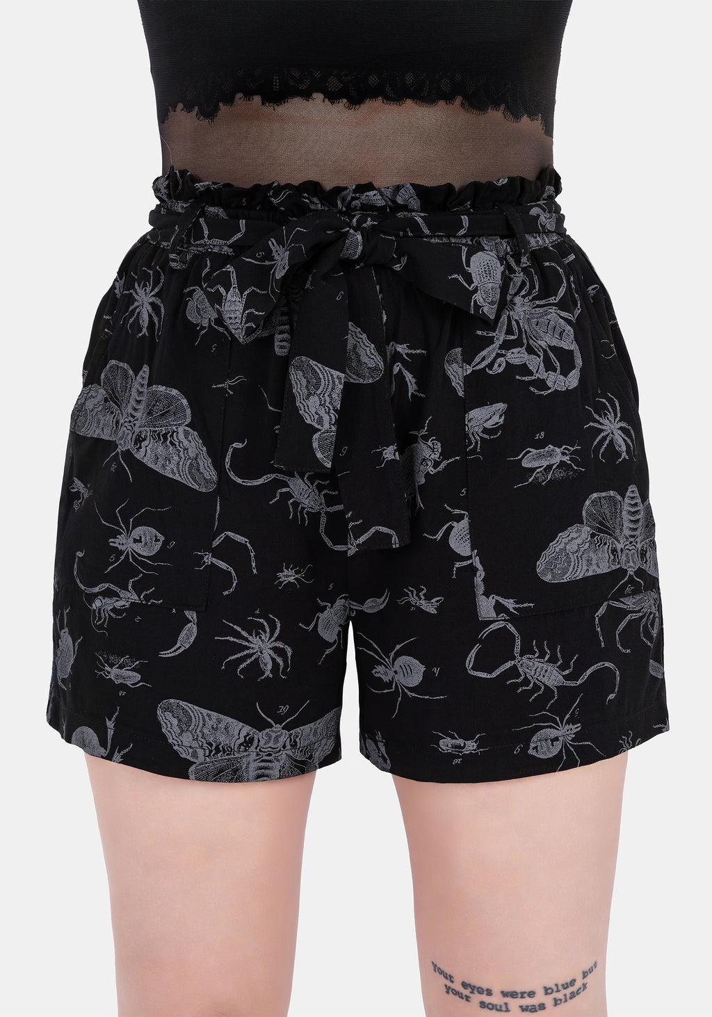 Parasite Bugs Tie Waist Paperbag Shorts - Black Product Image