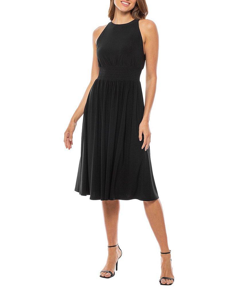 Marina Halter Neck Sleeveless Smocked Waist Pleated ITY Jersey Midi A-Line Dress Product Image