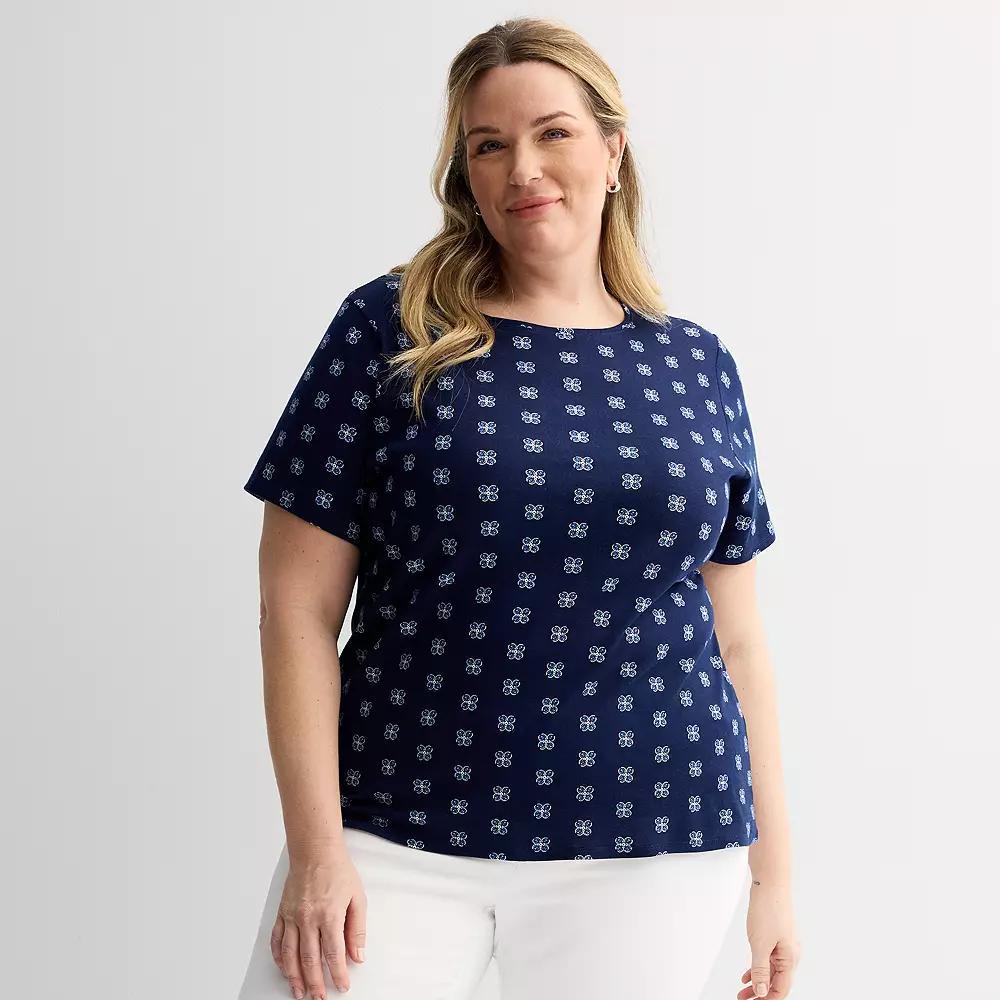Plus Size Croft & Barrow Essential Crewneck Top, Womens Blue Mini Tile Product Image