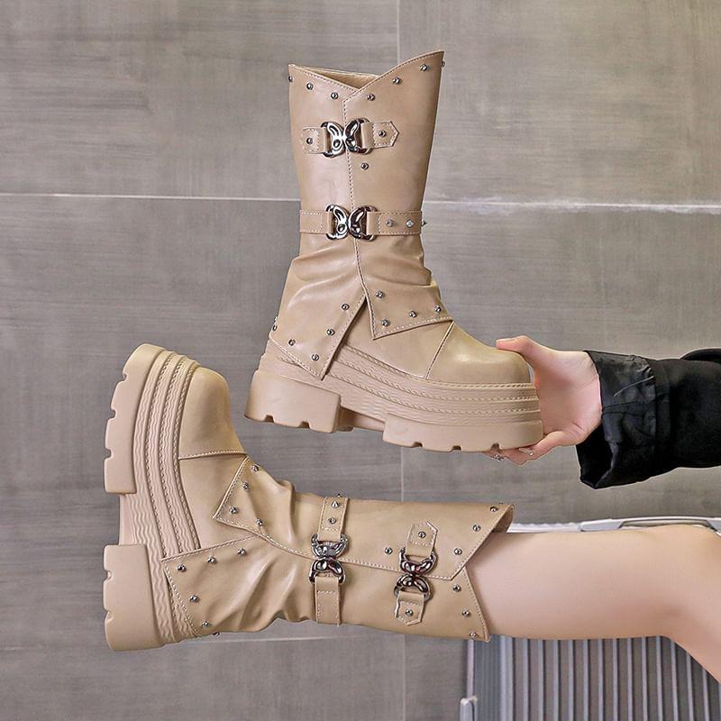 Platform Buckle Mid Calf Boots Product Image