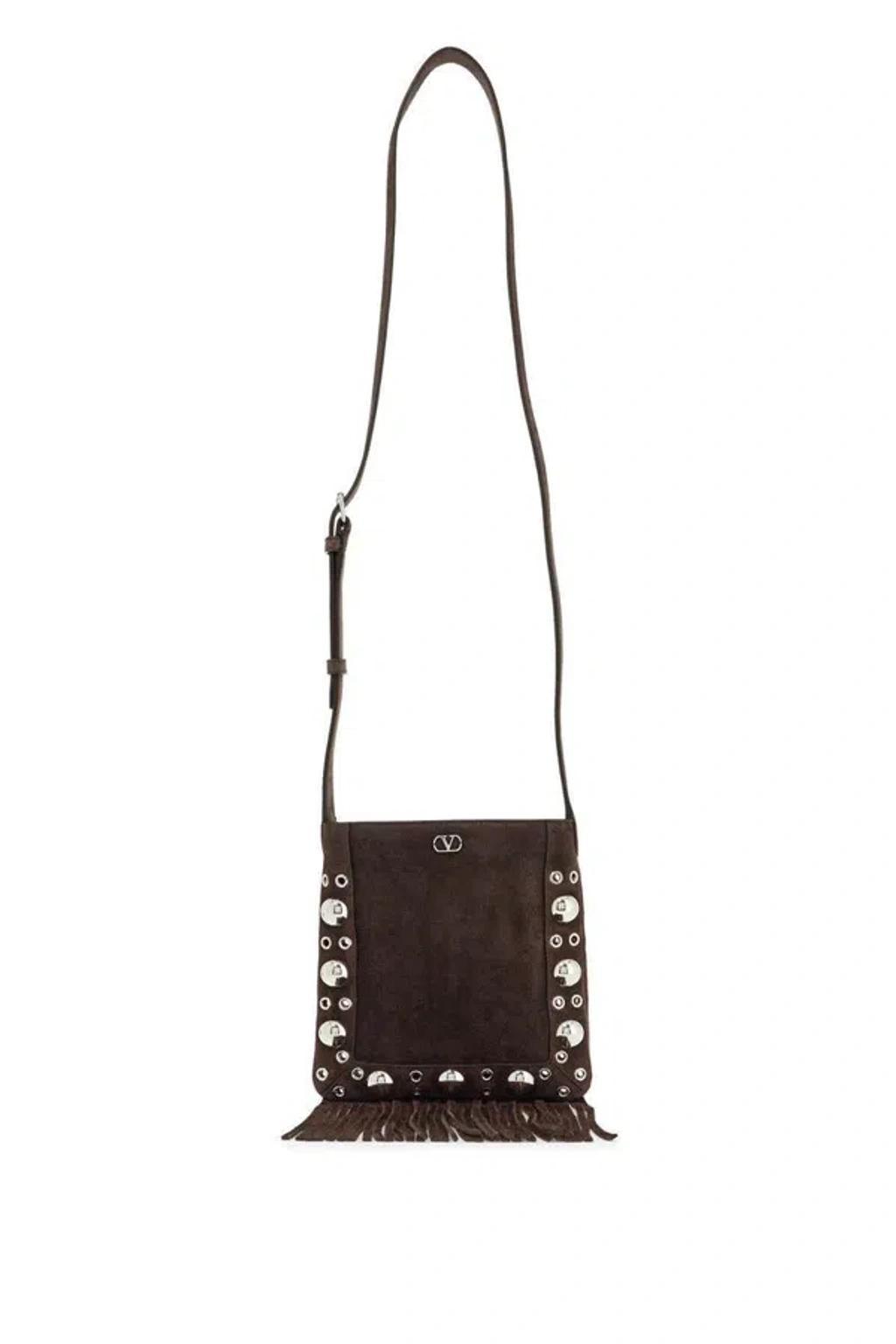 VALENTINO GARAVANI Small Suede Crossbody Bag In Dark Brown With Studs And Fringe Product Image