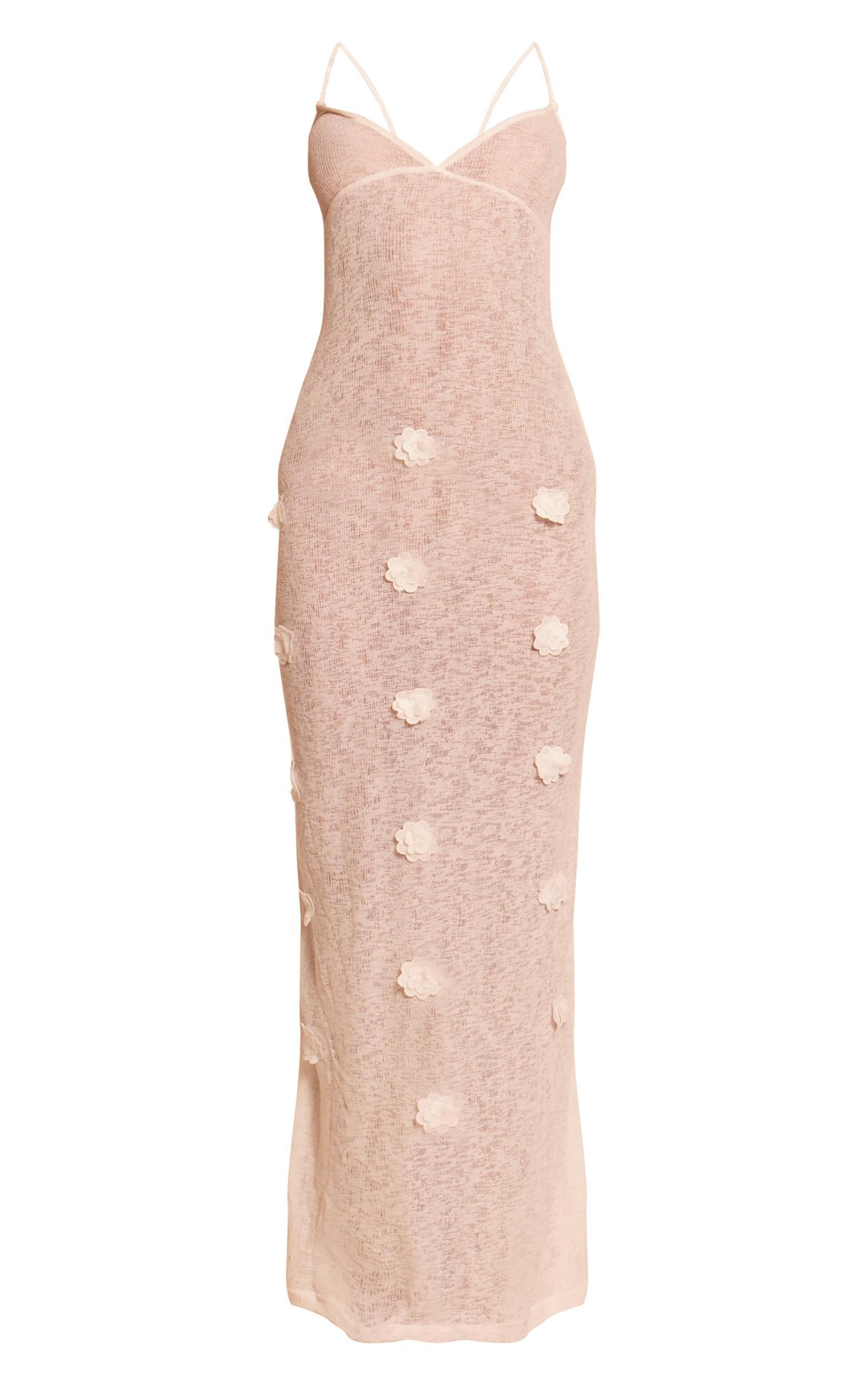 White Flower Applique Knit Maxi Beach Dress Product Image