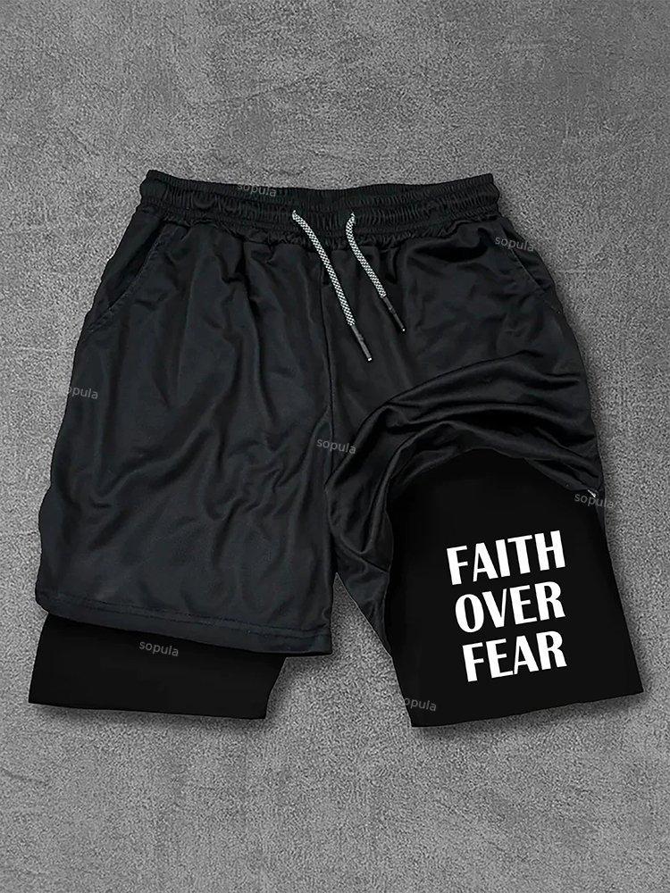 Sopula Faith Over Fear Print Drawstring Double Layer Gym Shorts Product Image