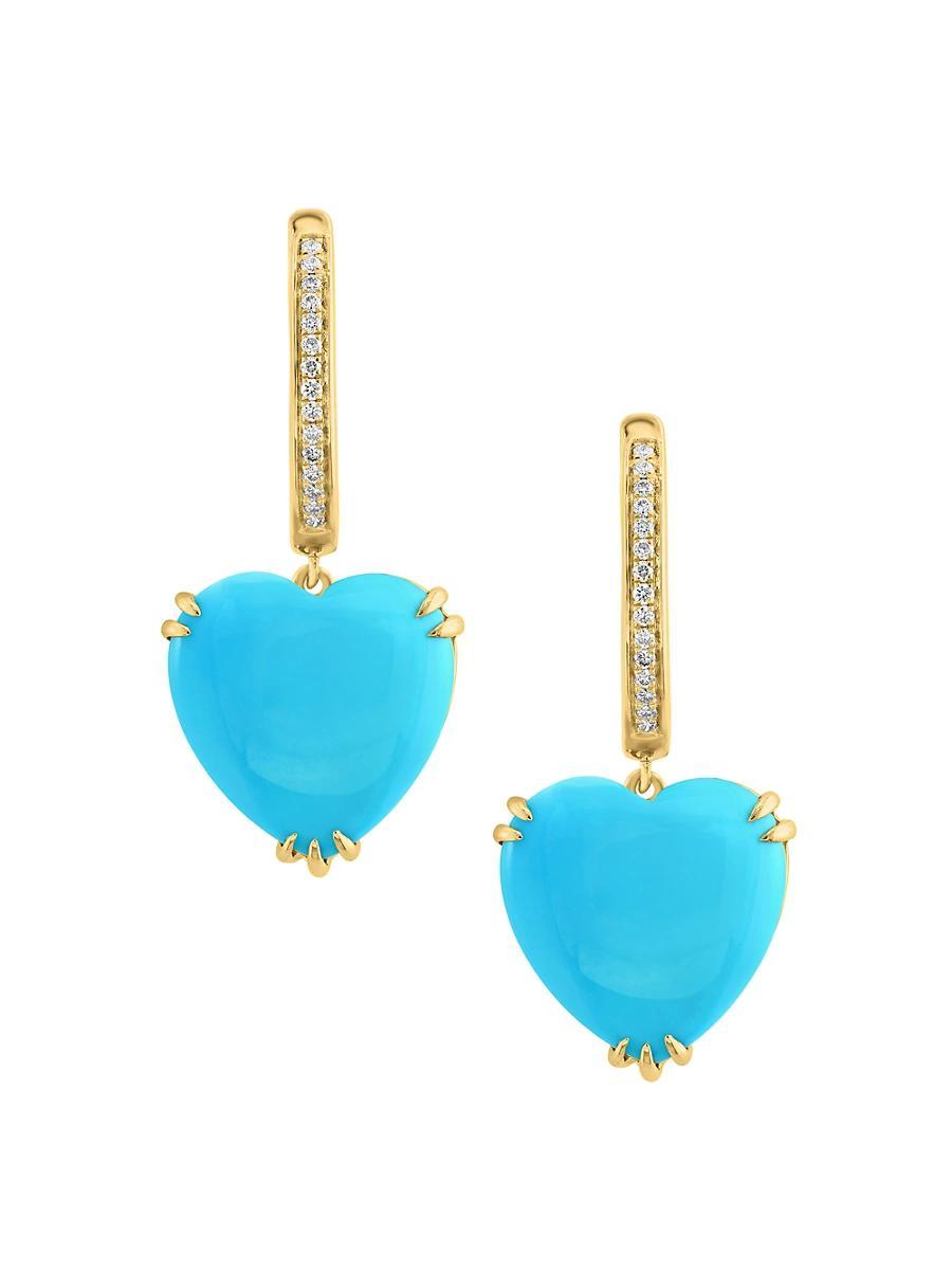 Womens 14K Yellow Gold, Turquoise & 0.07 TCW Diamond Heart Drop Earrings Product Image