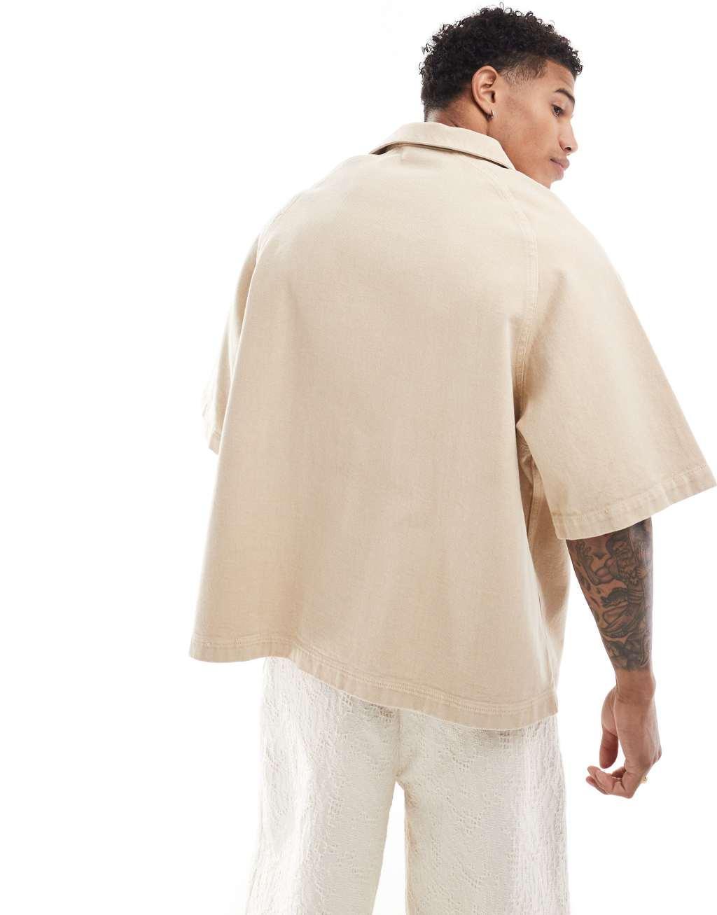 ASOS DESIGN boxy oversized revere twill shirt in beige Product Image