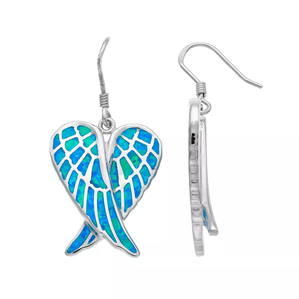 Sterling Silver Lab-Created Blue Opal Angel Wing Drop Earrings, Women's Product Image