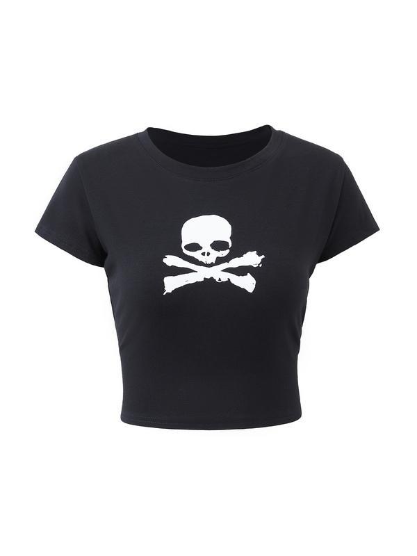 Skull Print Short Sleeve Y2K Crop Top Product Image