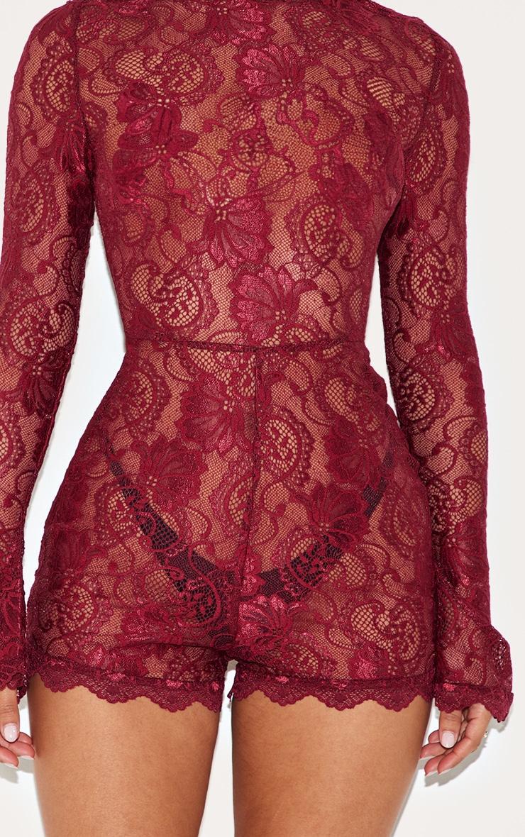 Petite Burgundy Lace Long Sleeve Fitted Romper Product Image