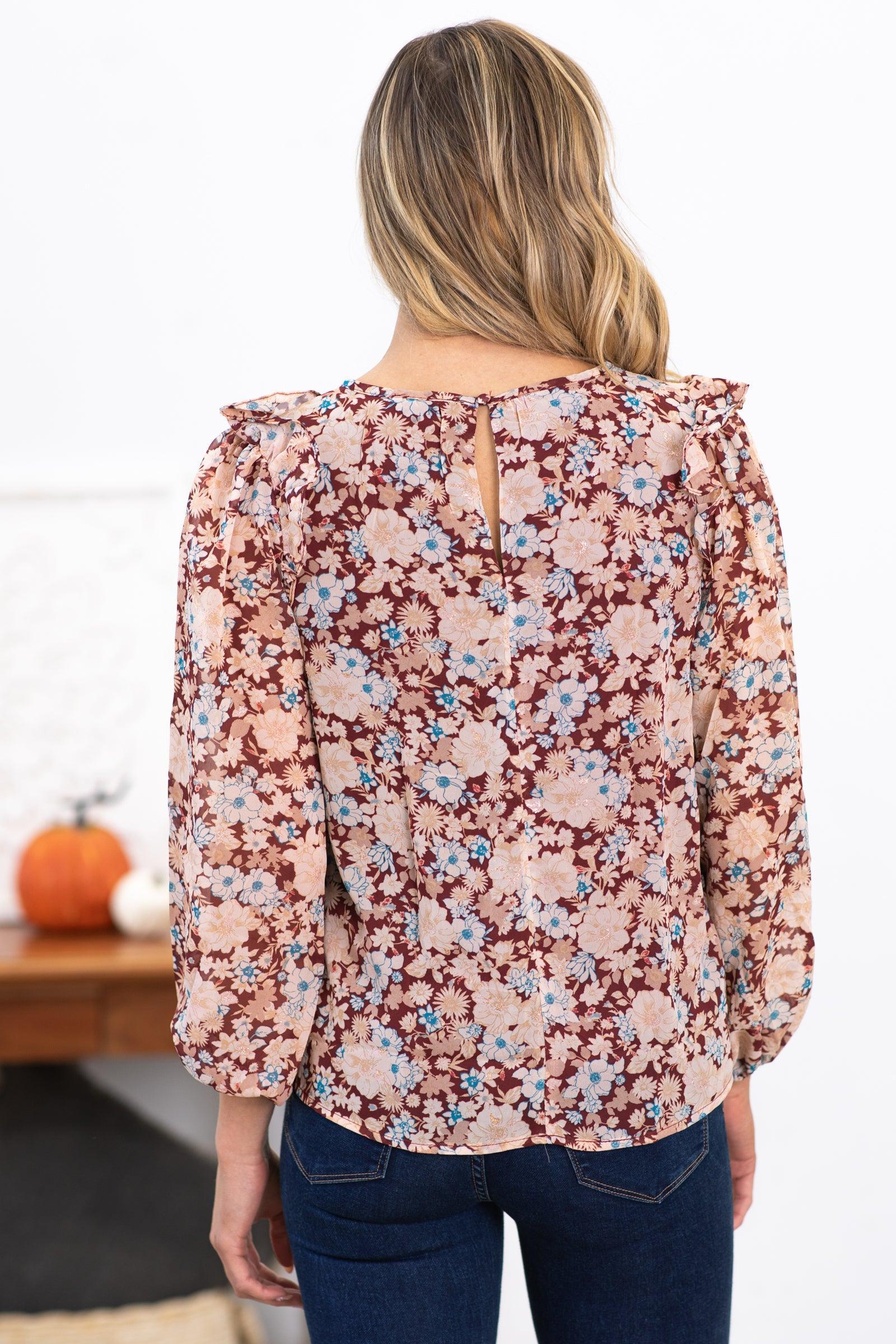 Wine and Tan Floral Top With Ruffle Trim Product Image