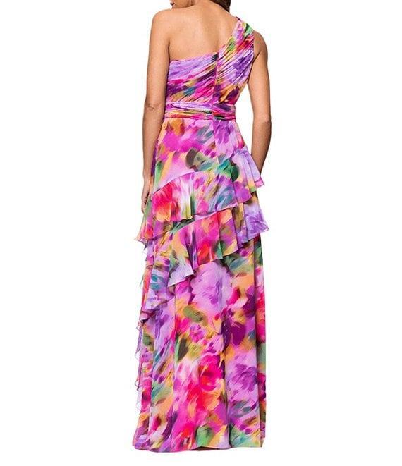 Xscape Chiffon Floral Print One Shoulder Neck Sleeveless Ruffle A-Line Gown Product Image