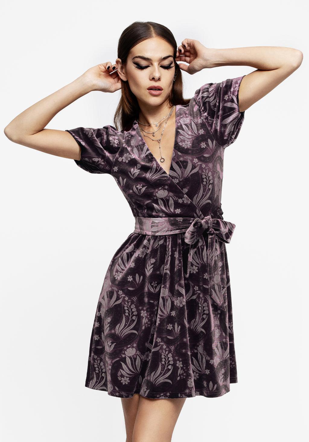 Deception Snake Foil Print Velour Mini Wrap Dress Product Image