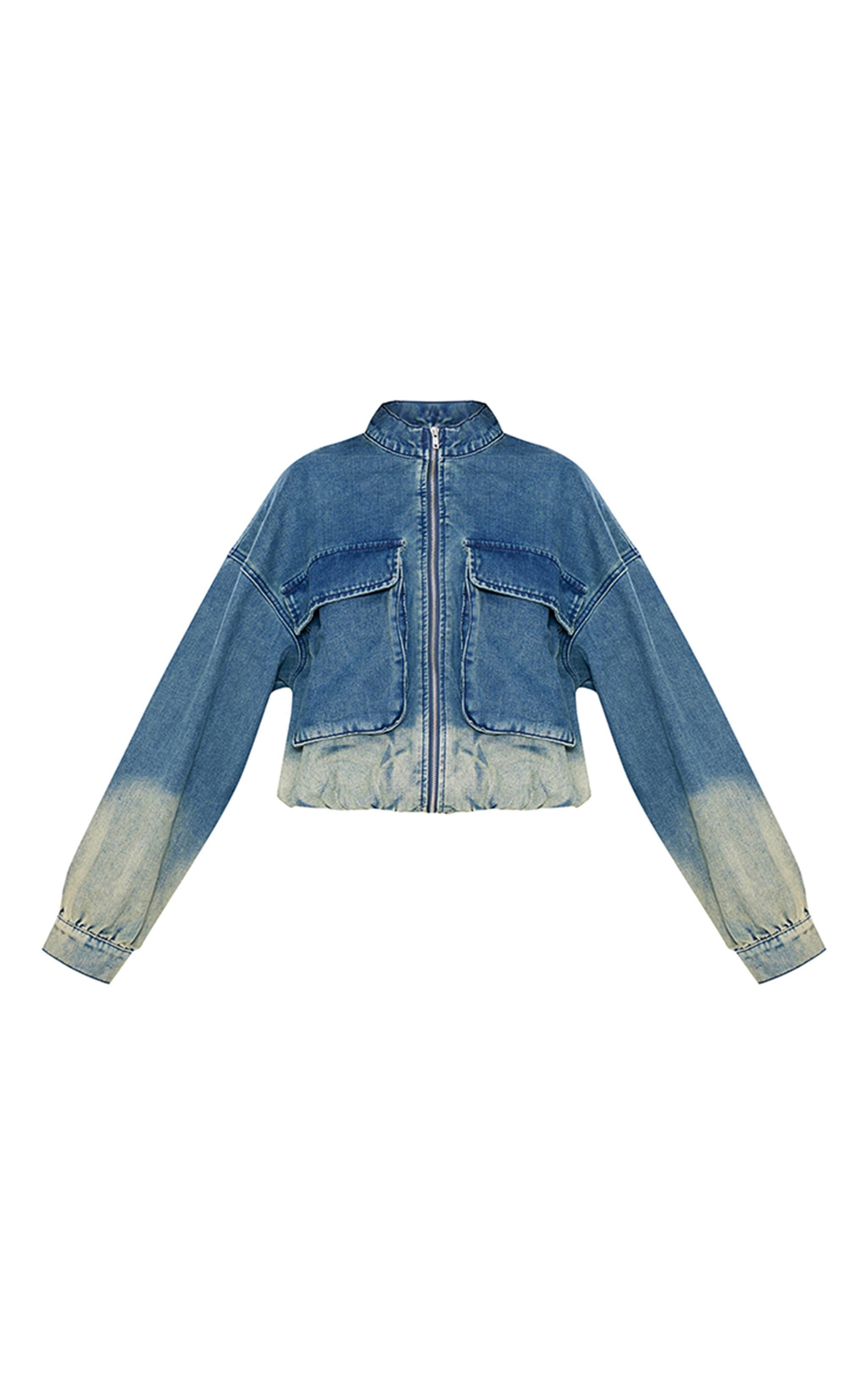 Vintage Mid Wash Oversized Drop Shoulder Pocket Denim Bomber Jacket Product Image