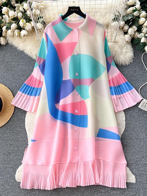 Flared Sleeves Loose Belted Contrast Color Pleated Midi Dresses Product Image