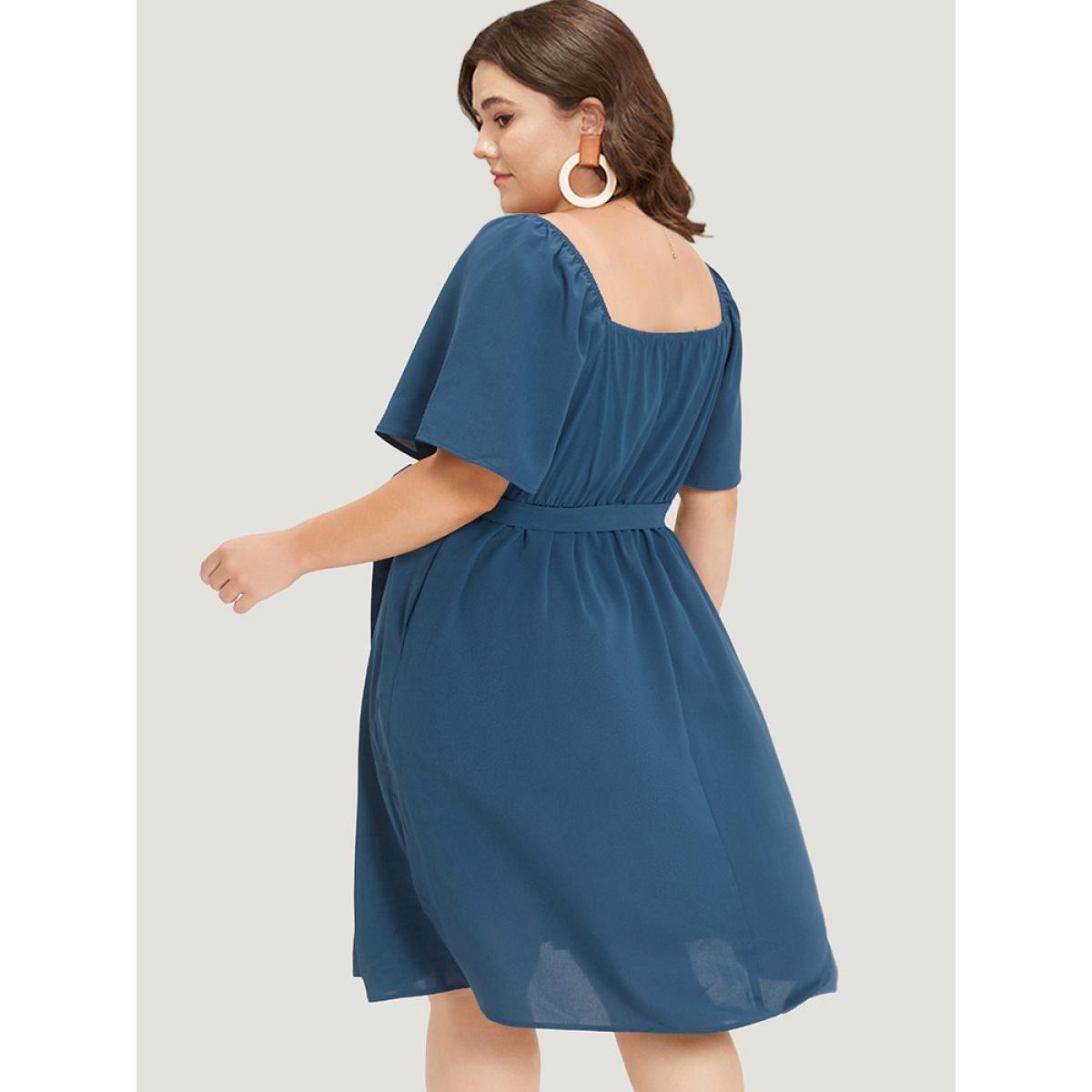 Plus Size Plain Pocket Belted Pleated Raglan Sleeve Dress Aegean Women Office Gathered Round Neck Short sleeve Curvy Midi Dress BloomChic 28/5X Product Image
