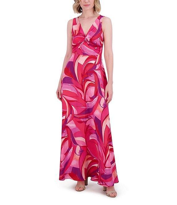 Eliza J Crepe Swirl Print V Neck Sleeveless Sheath Maxi Dress Product Image