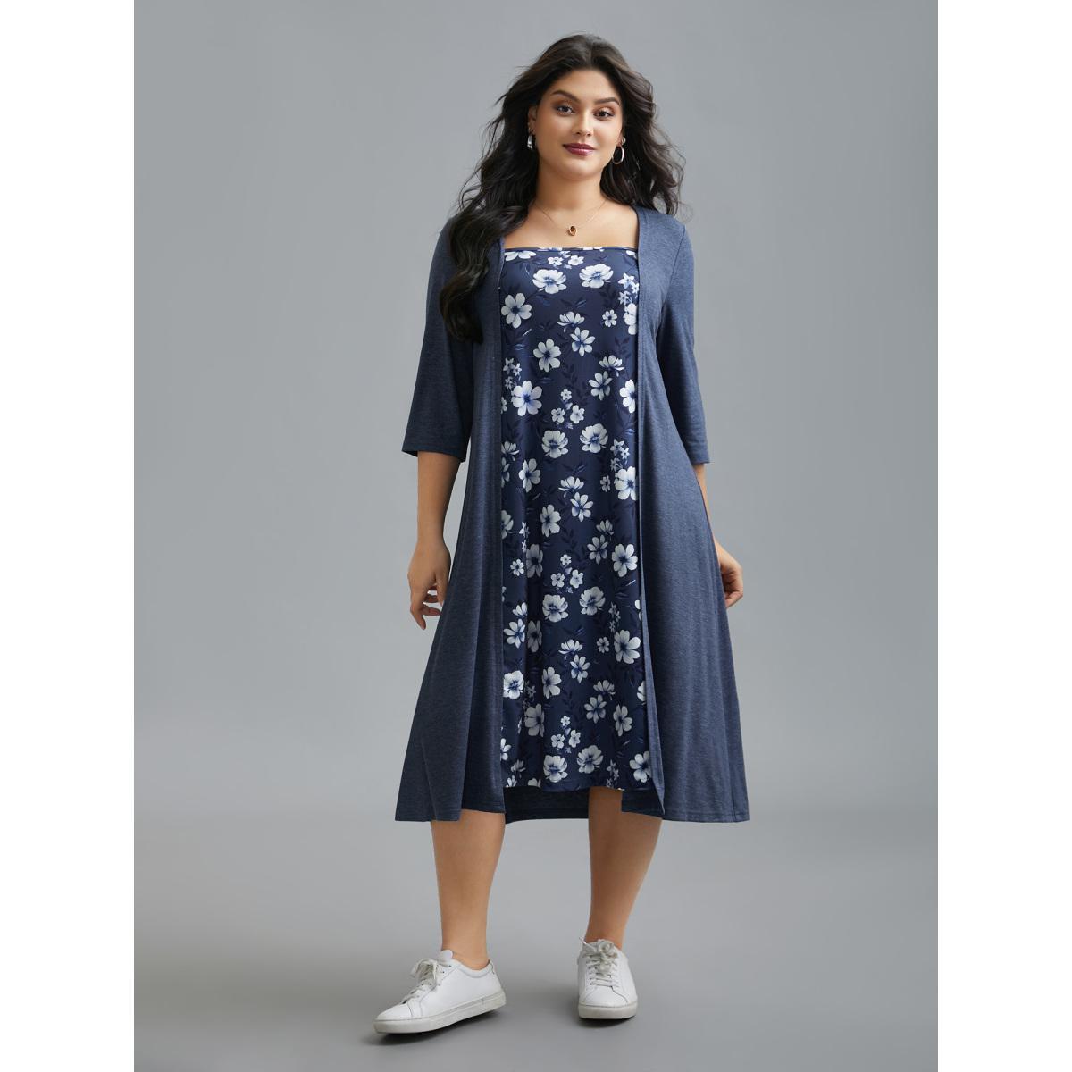 Plus Size 2-In-1 Square Neck Floral Dress DarkBlue Women Casual Patchwork Knit Dresses Bloomchic 12/L Product Image