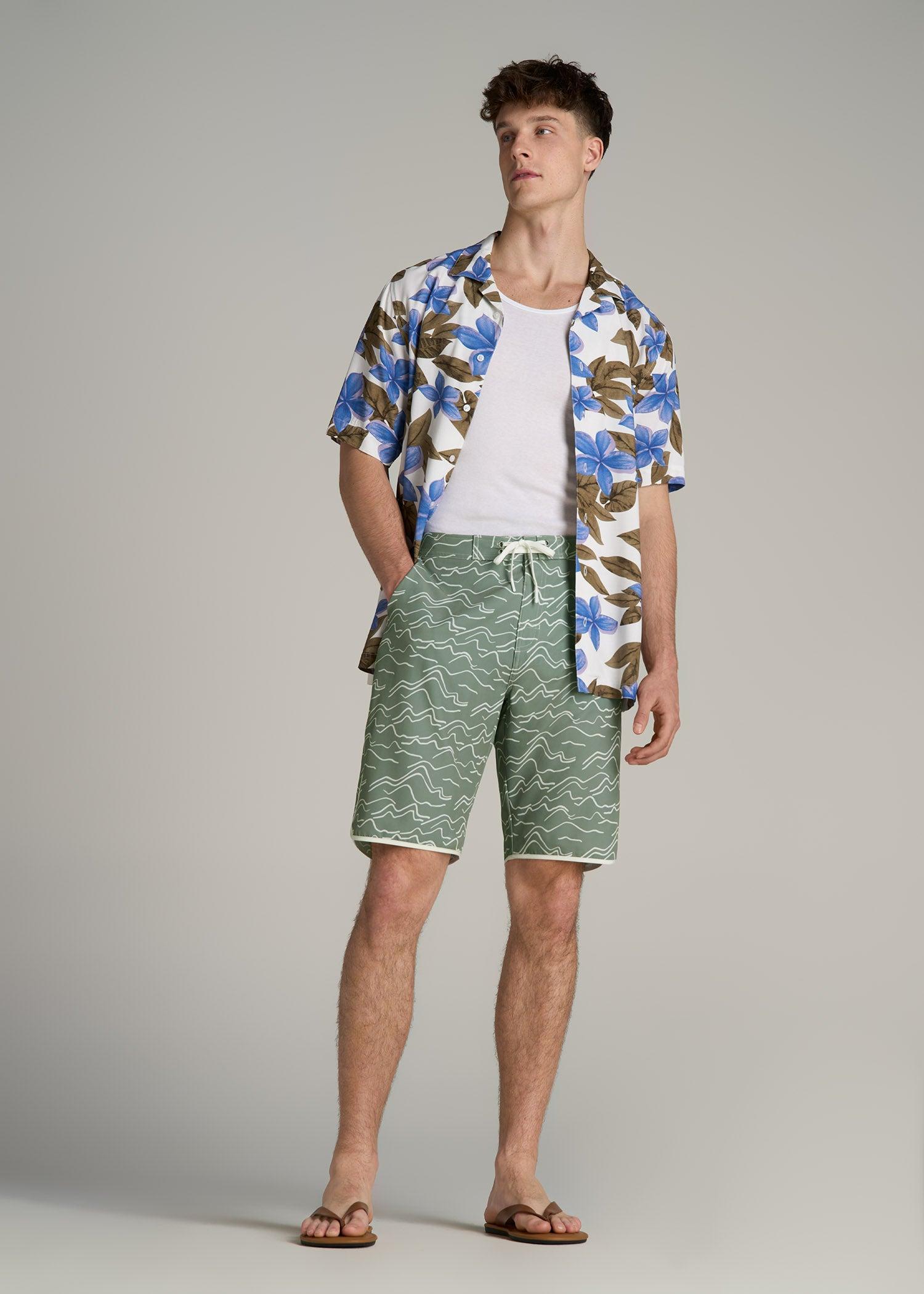 Hi-Tide Scallop Board Shorts for Tall Men in Green Current Product Image