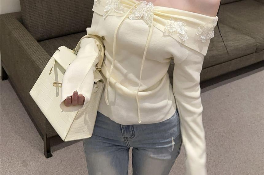 Long-Sleeve Off Shoulder Plain Knit Top Product Image