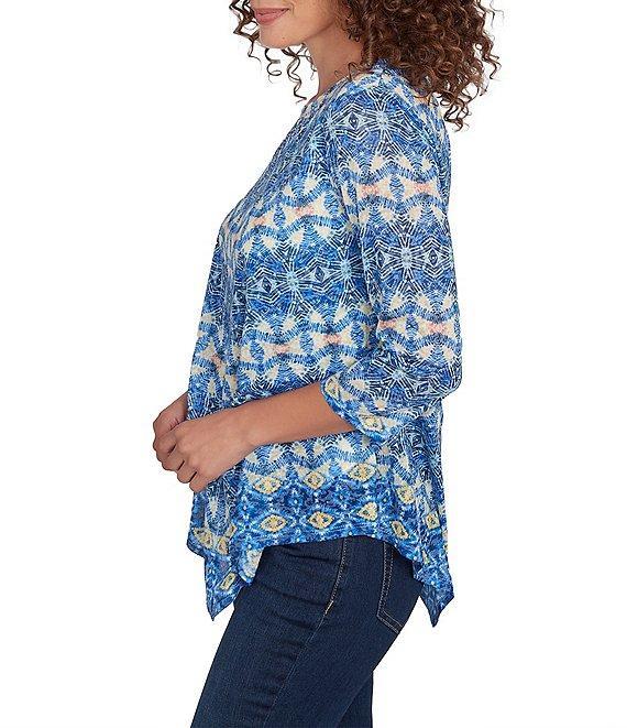 Ruby Rd. Knit Embellished Crew Neck 3/4 Sleeve Asymmetrical Hem Top Product Image