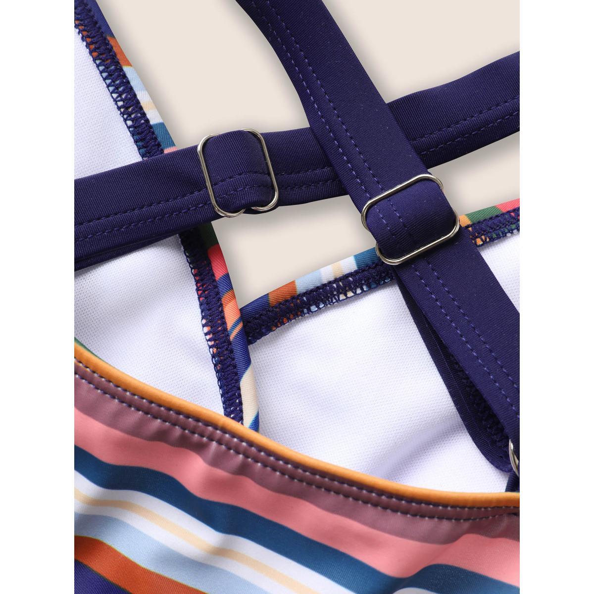 Plus Size Contrast Striped Ruffle Trim Ties One Piece Swimsuit Women's Swimwear Midnight Beach Belted Curve Bathing Suits High stretch One Pieces BloomChic 14-16/1X Product Image