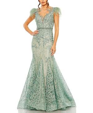Mac Duggal Embellished Feather Cap Sleeve Illusion Neck Trumpet Gown Product Image