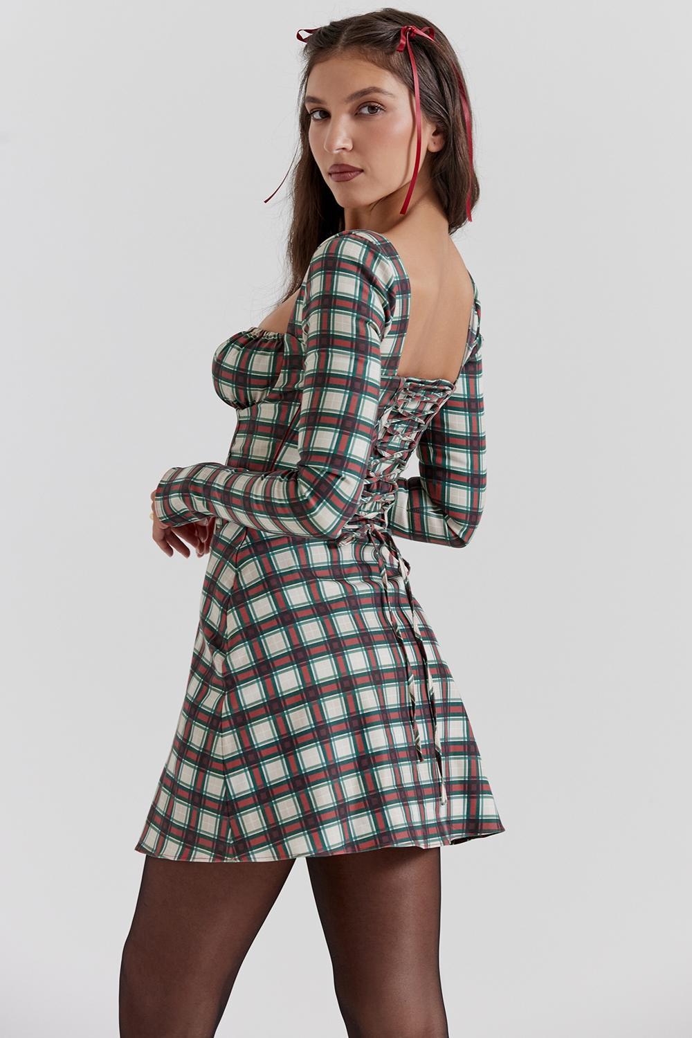 Eliza Red Tartan Corset Midi Dress Product Image