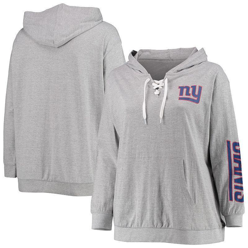 Women's Fanatics Branded Heathered Gray New York Giants Plus Size Lace-Up Pullover Hoodie, Size: 4XL, Grey Product Image