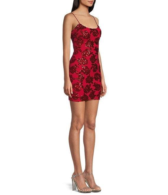 Blondie Nites Spaghetti Strap Sleeveless Sequin Floral Dress Product Image