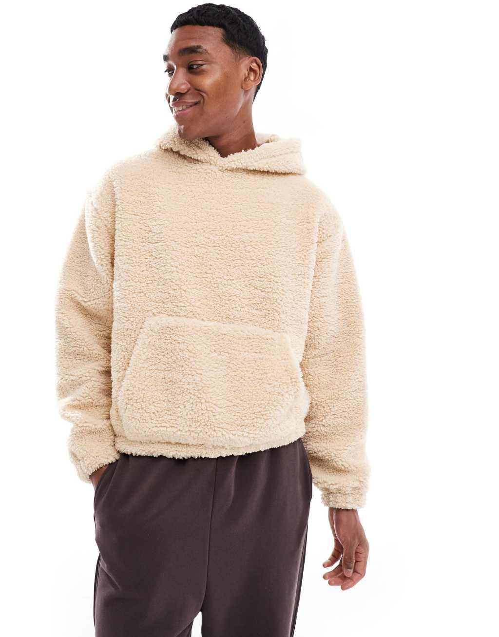 ASOS DESIGN boxy oversized borg hoodie in ecru Product Image