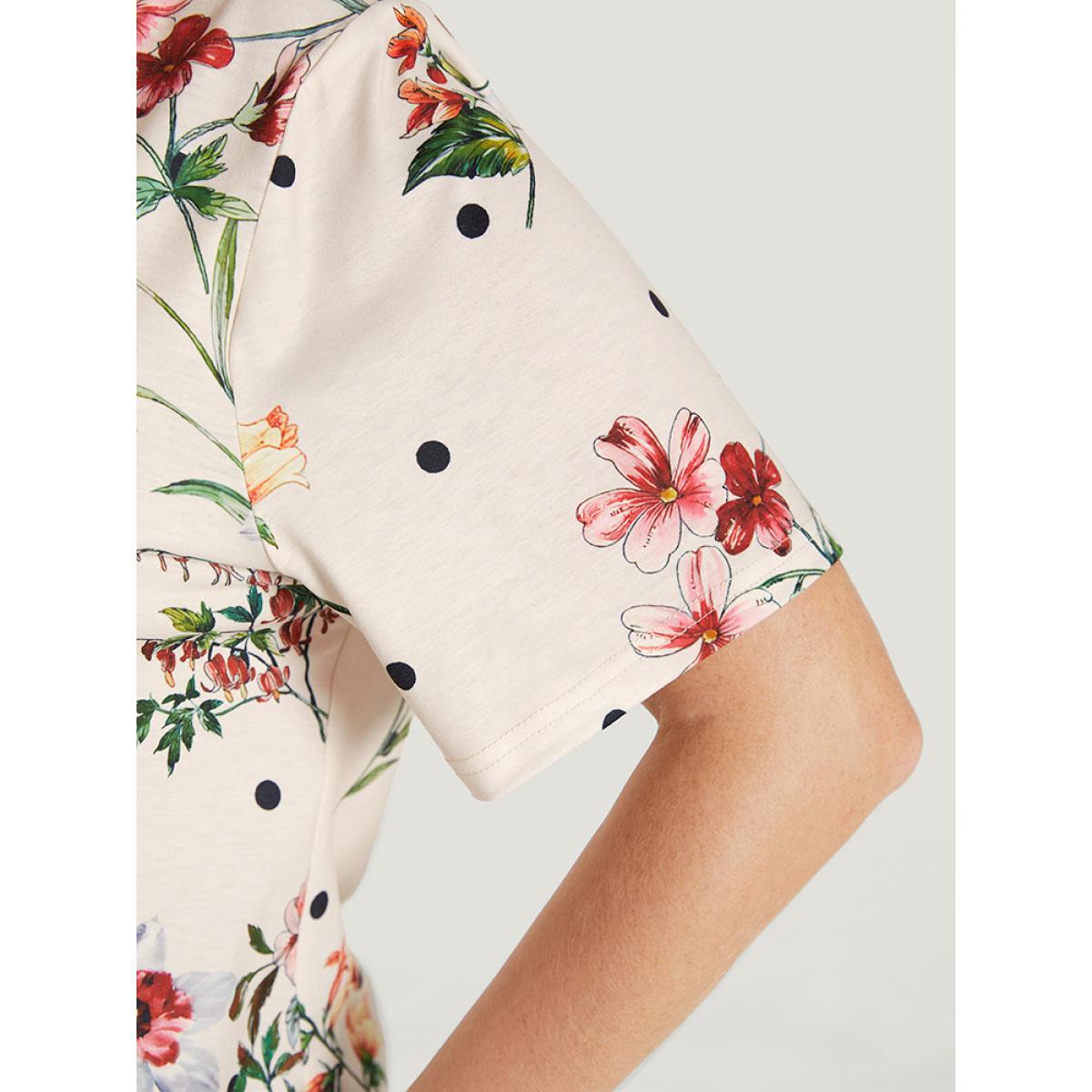 Plus Size Floral & Polka Dot Round Neck T-shirt Beige Women Elegant Floral Round Neck Dailywear T-shirts BloomChic 12/L Product Image