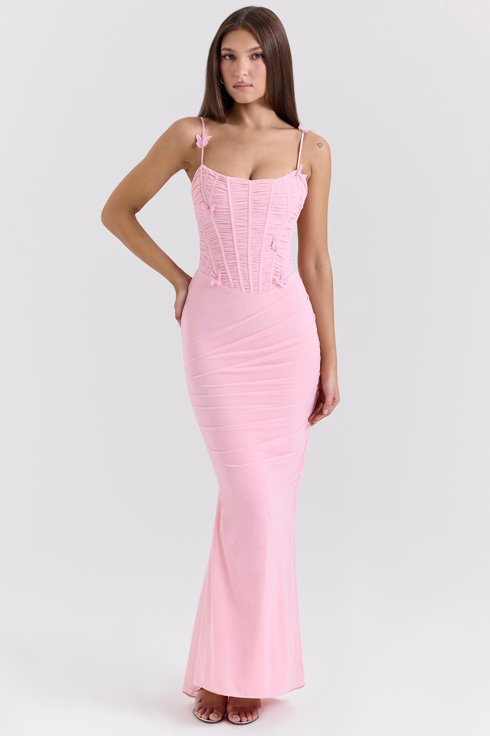 Romola  pink stretch mesh butterfly maxi dress Product Image
