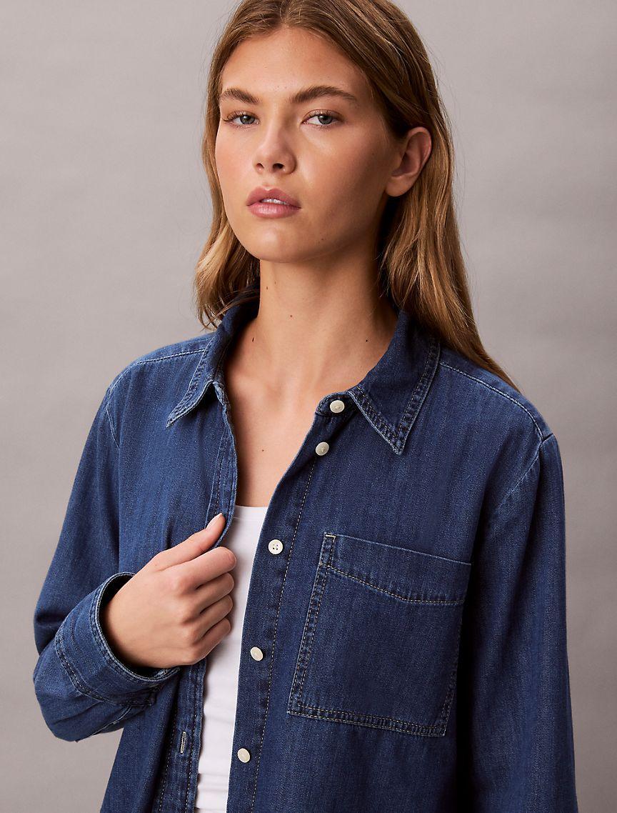 Denim Cropped Relaxed Button-Down Shirt Product Image