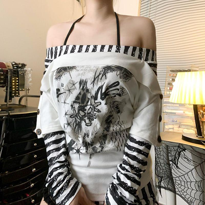 Long Sleeve Mock Two Piece Striped Panel Graphic Print Loose-Fit Top Product Image