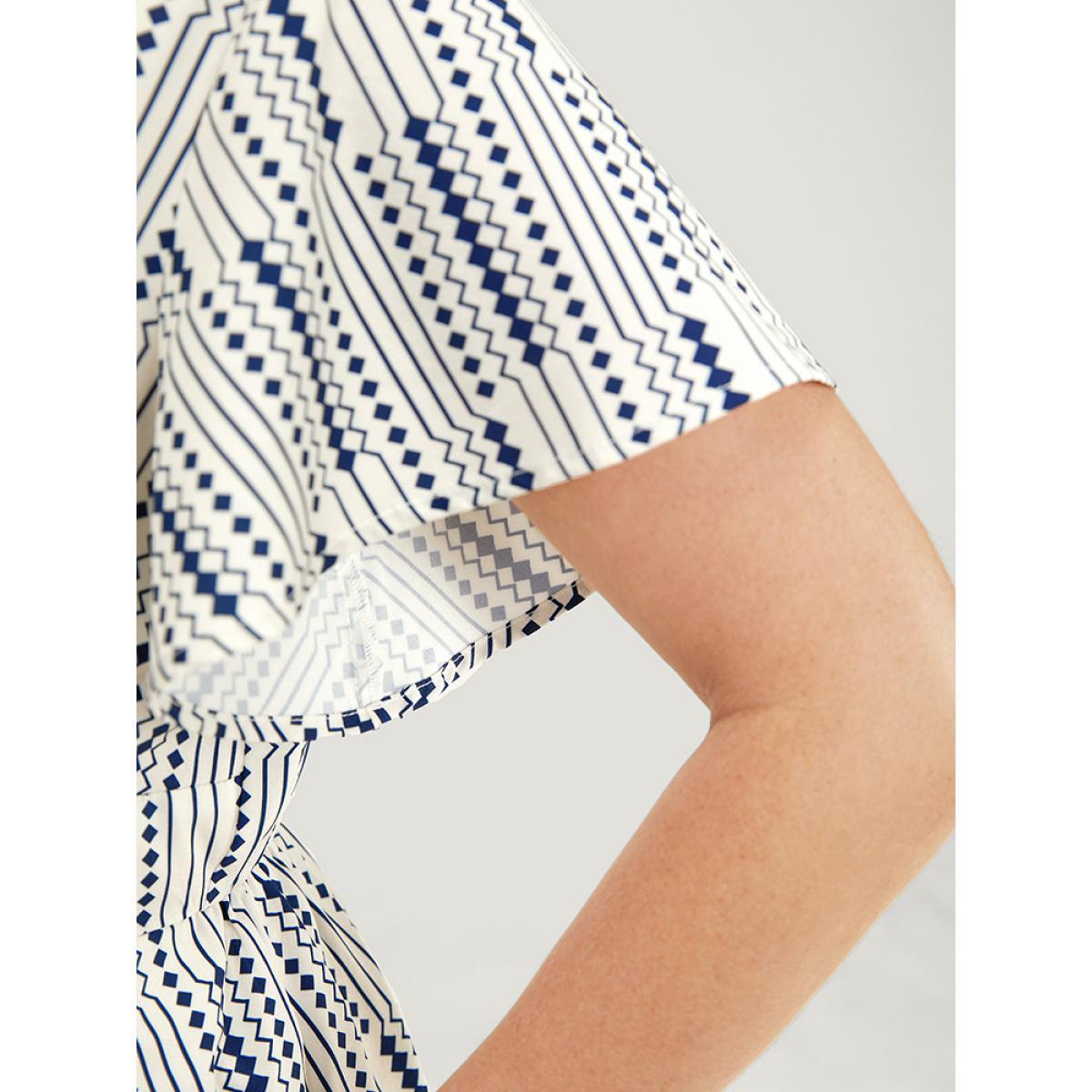 Plus Size Geometric Print Button Detail Pocket Ruffle Sleeve Dress Blue Women Elegant Elastic Waist V-neck Short sleeve Curvy Midi Dress BloomChic 10/M Product Image