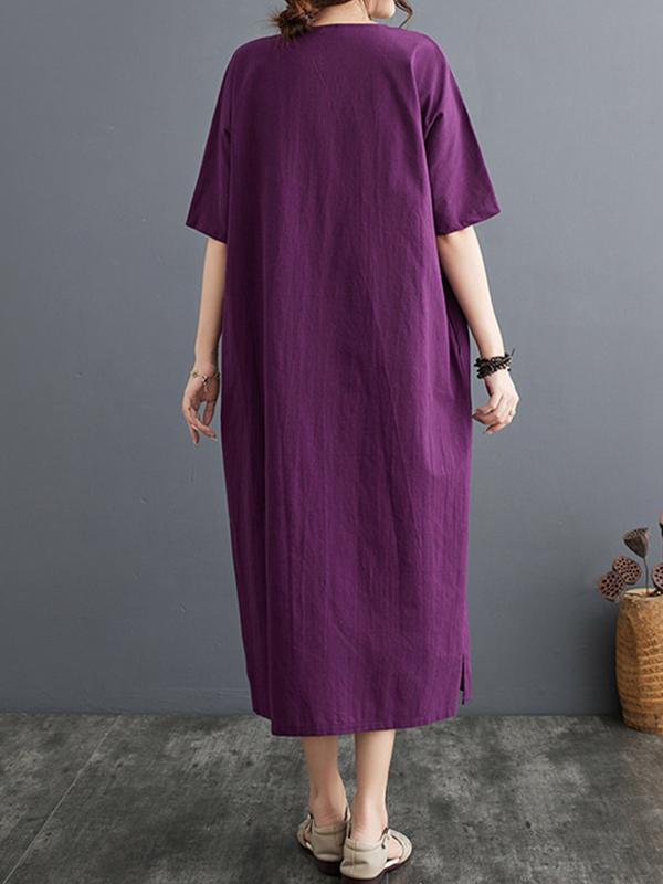 A-Line Loose Chinese Frog Buttons Pockets Solid Color Split-Side V-Neck Midi Dresses Product Image
