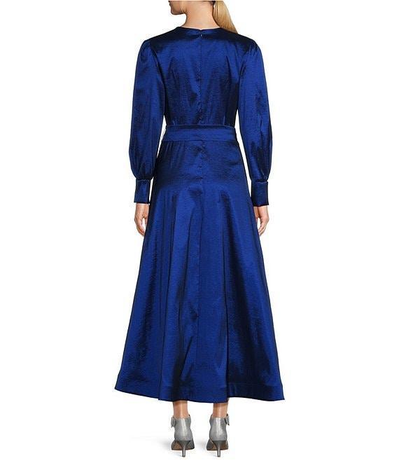 Marina Stretch Taffeta V-Neck Long Sleeve Tie Sash Fit-and-Flare Gown Product Image