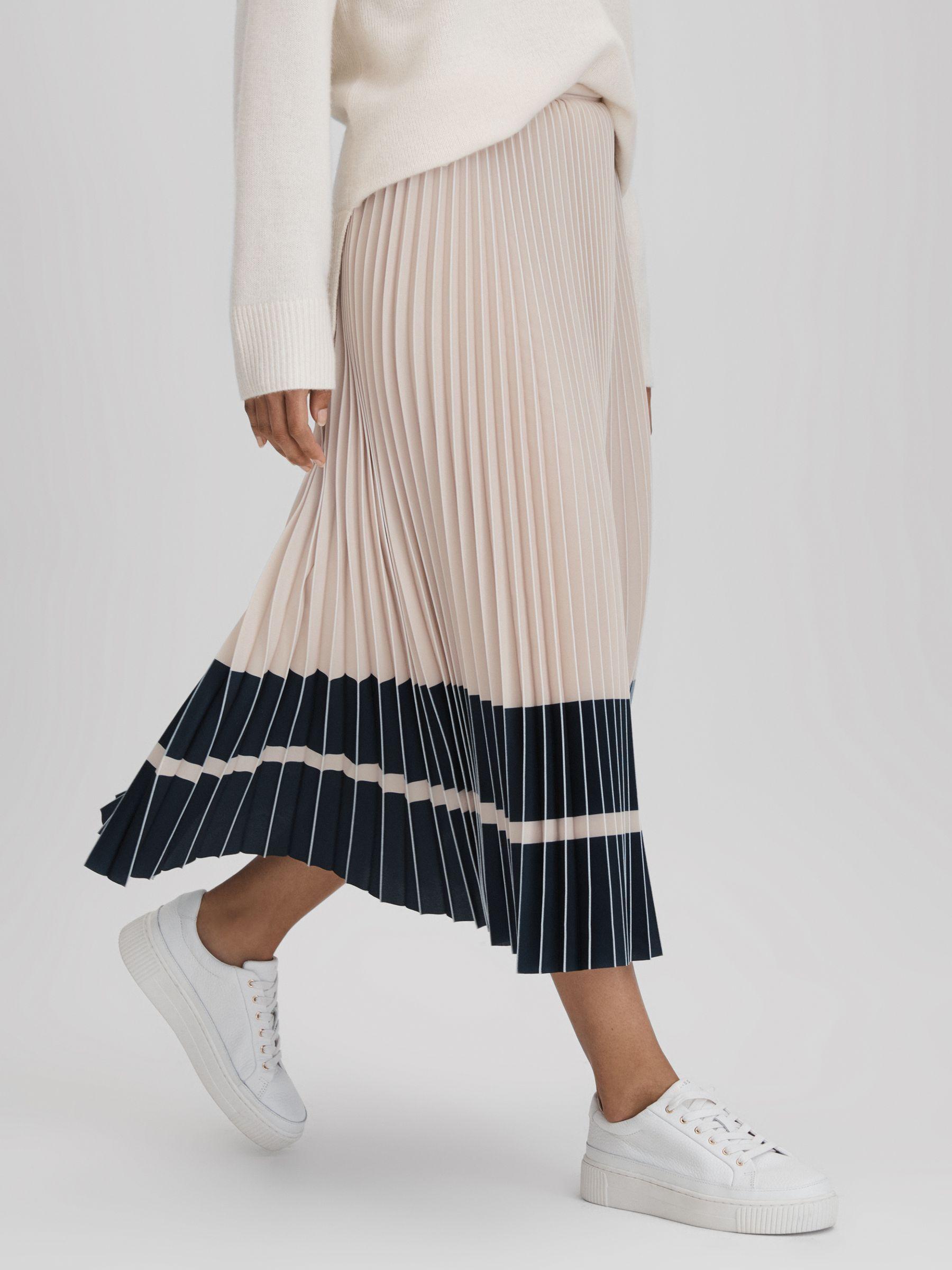 High Rise Pleated Midi Skirt in Nude/Navy Product Image