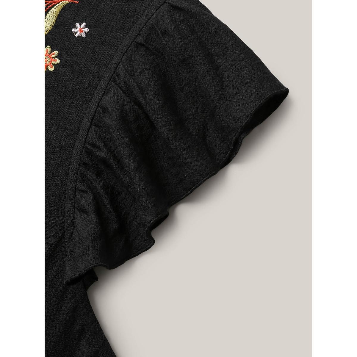 Plus Size Floral Embroidered Notched Collar Midi Dress Black Women Boho Flat collar with V-notch Cap Sleeve Curvy BloomChic 12/L Product Image