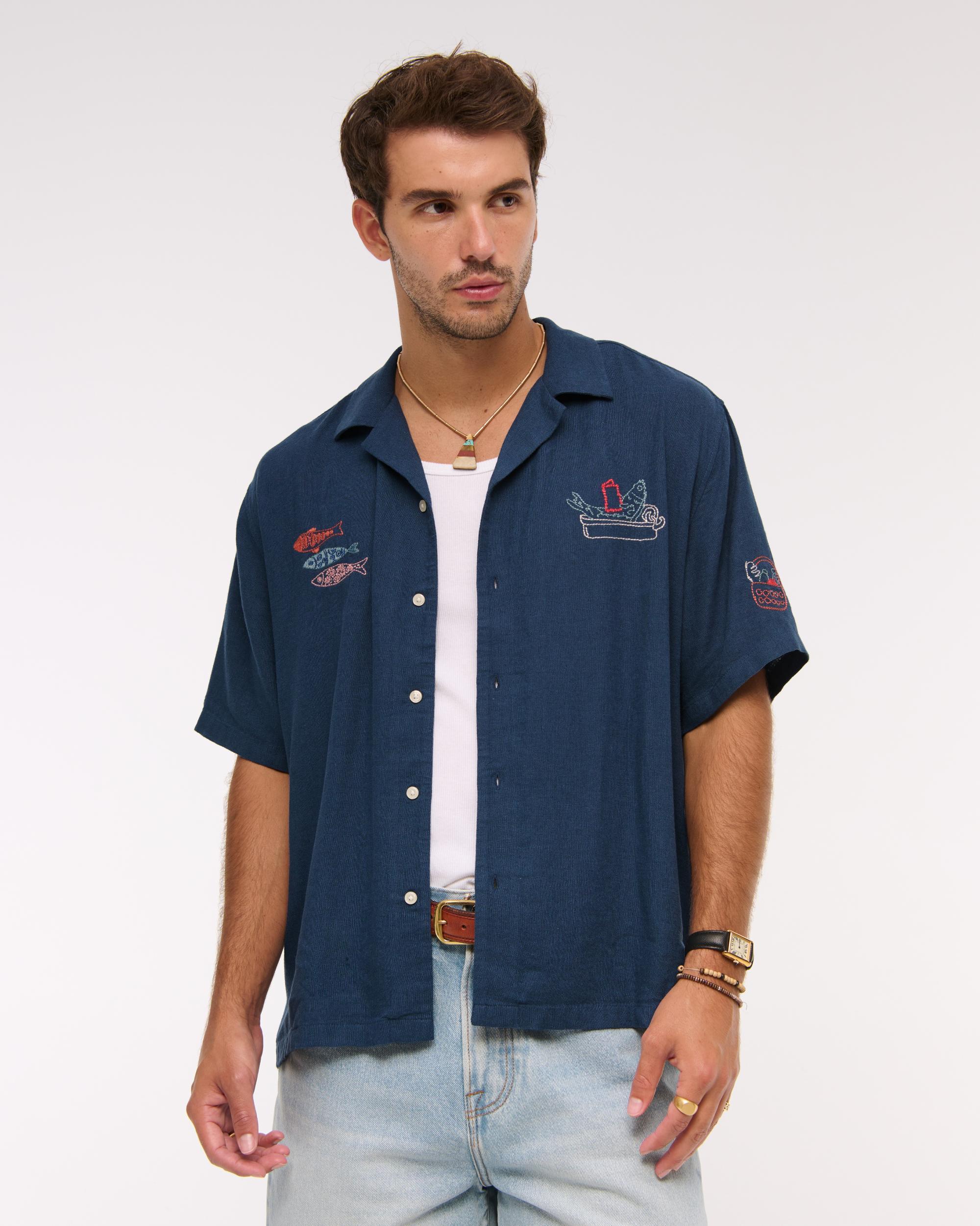 Camp Collar Cropped Summer Linen-Blend Shirt Product Image