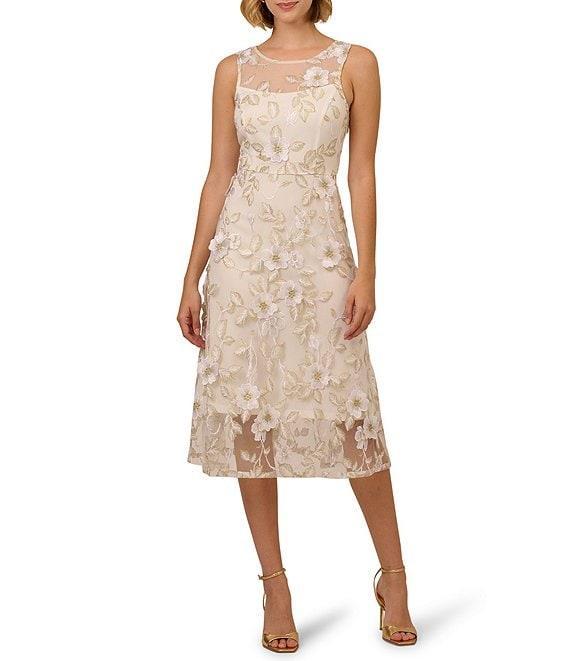 Adrianna Papell 3D Embroidered Floral Crew Neck Sleeveless A-Line Midi Dress Product Image