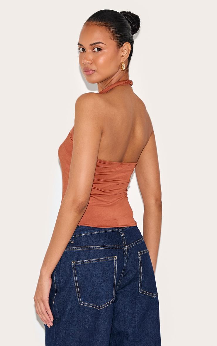 Burnt Orange Halter Neck Twist Strap Detail Crop Top Product Image