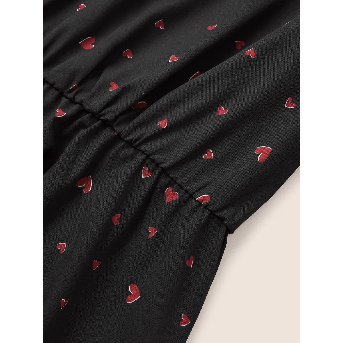 Plus Size Black Heart Print Flutter Sleeve Elastic Waist Blouse Women Elegant Elbow-length sleeve V-neck Everyday Blouses BloomChic 10/M Product Image