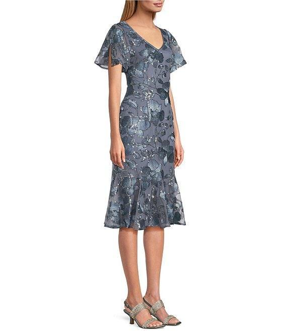 Alex Evenings Short Flutter Sleeve Embroidered Tulle Fit And Flare Midi Dress Product Image
