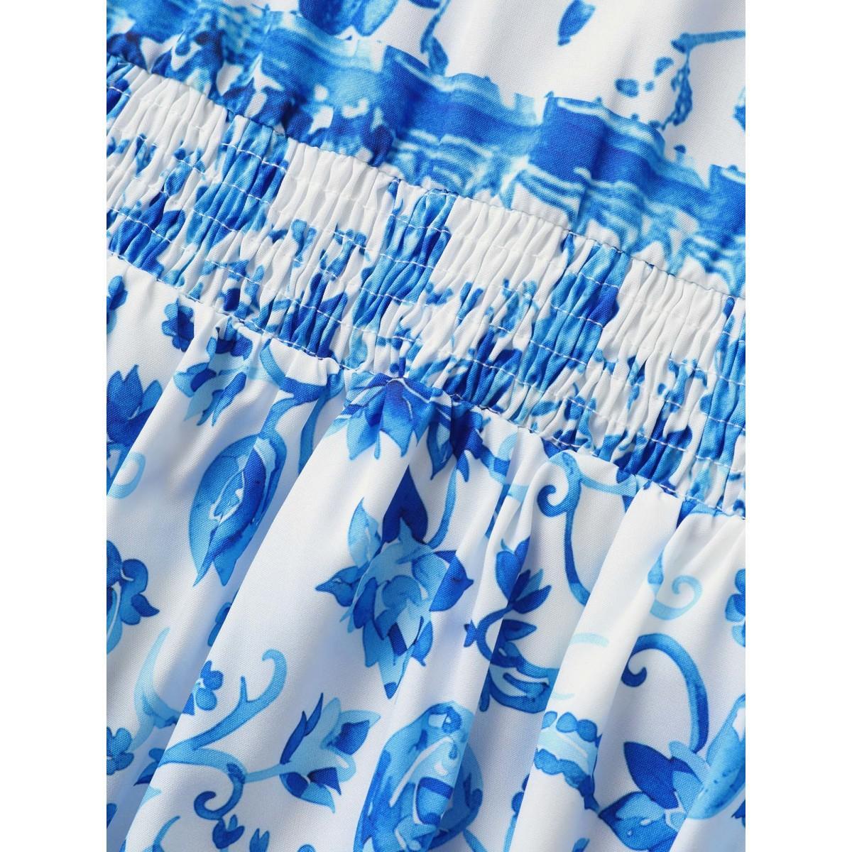 Plus Size Notched Collar Boho Print Shirred Dress Mediumblue Women Elegant Shirred Notched collar Short sleeve Curvy BloomChic 14-16/1X Product Image