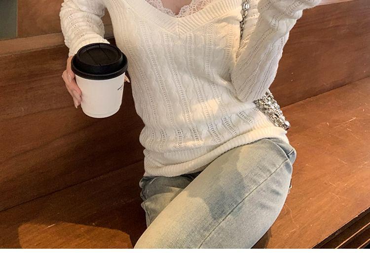 Mock Two-Piece Long-Sleeve V-Neck Knit Top Product Image