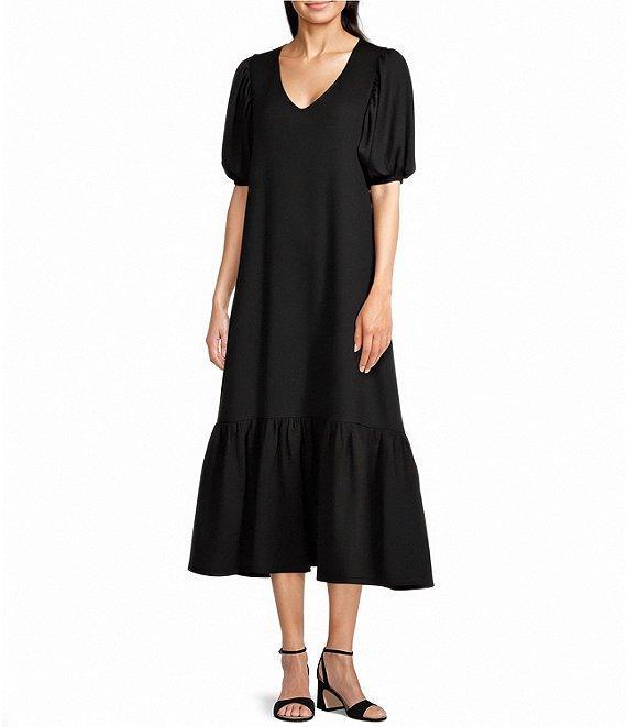 Gibson & Latimer Crepe Waffle Knit V-Neck Tie Back Detail Puffed Short Sleeve Tiered A-Line Flounce Midi Dres Product Image