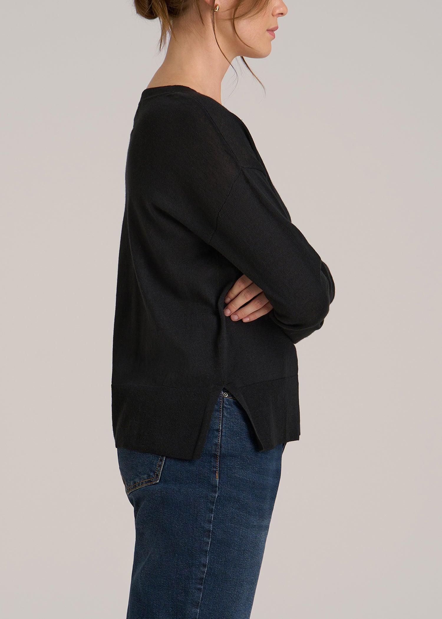 Linen Blend Split Hem V-Neck Sweater for Tall Women in Black Product Image