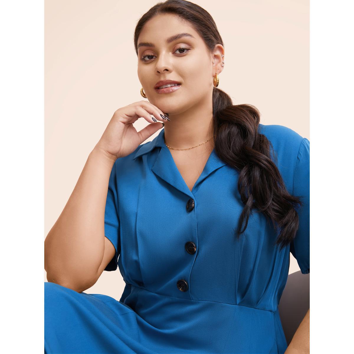 Plus Size Plain Shirt Collar Pleated Midi Dress Mediumblue Women At the Office Pleated Shirt collar Short sleeve Curvy BloomChic 10/M Product Image
