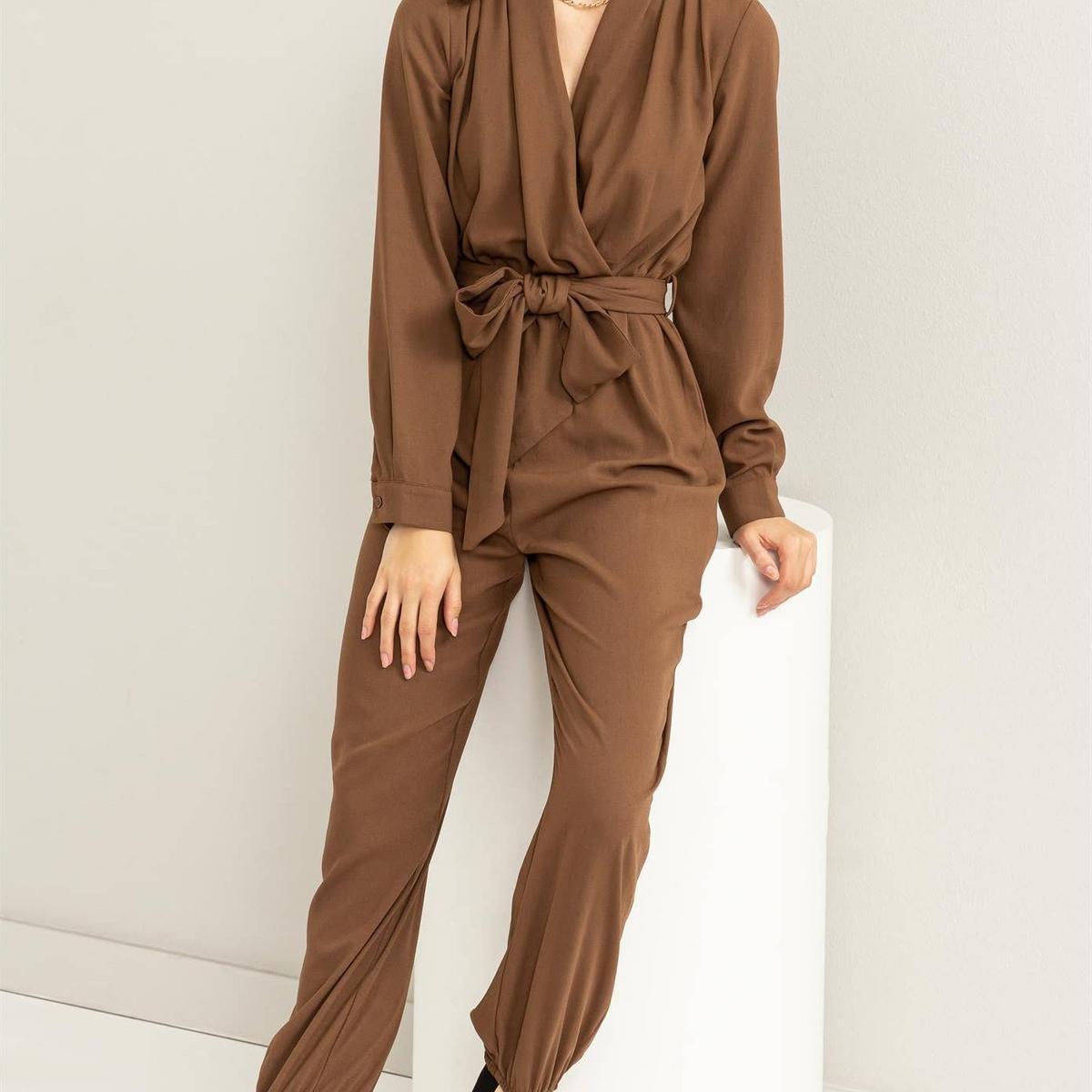 Weekend Outing Tie-Belt Long Sleeve Jumpsuit Product Image