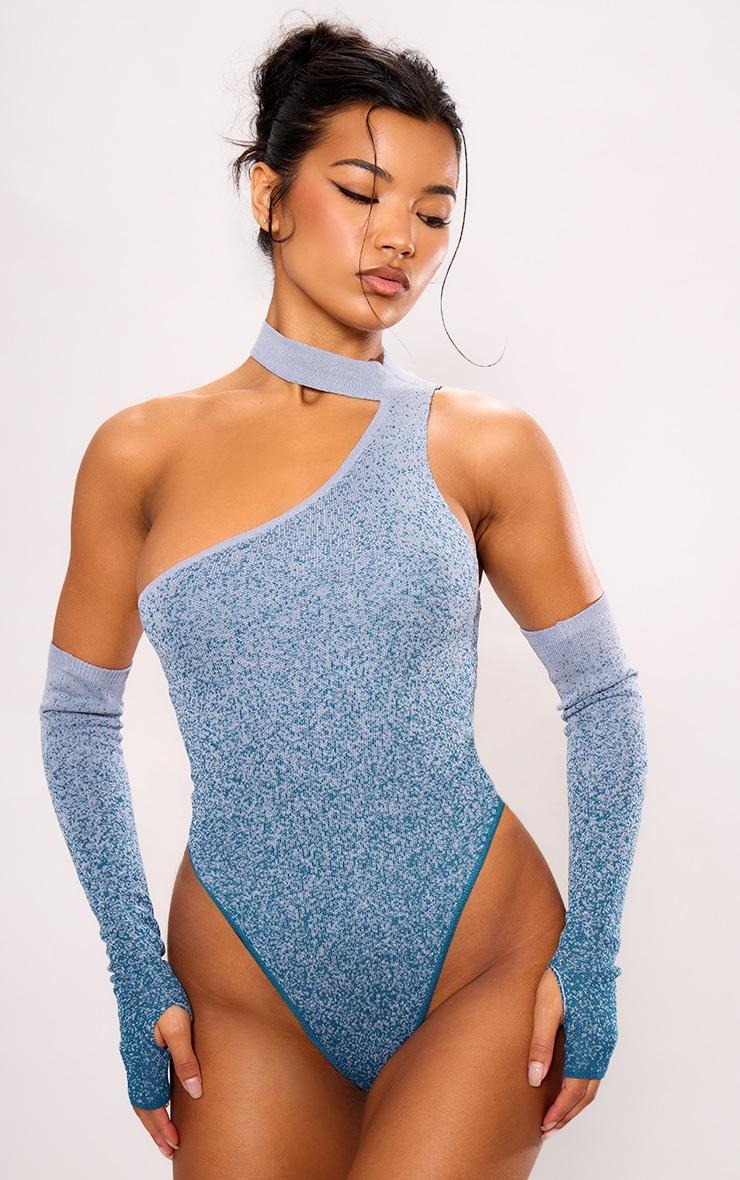 Teal Marl Knit High Neck Cut Out Drape Bodysuit With Sleeves Product Image